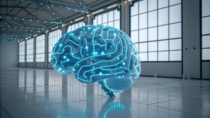 A futuristic, glowing brain model, symbolizing advanced technology and artificial intelligence, set in a spacious, modern environment with bright lighting.
