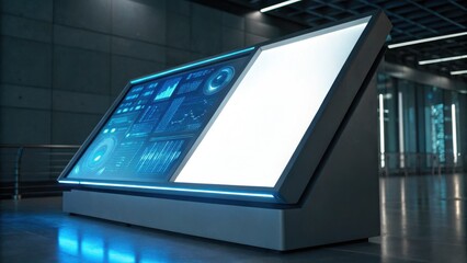 A futuristic digital display unit featuring graphs and data visualizations in a modern, sleek environment.