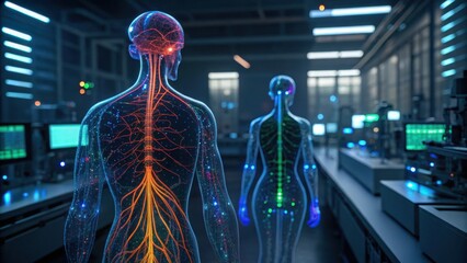 Two stylized human figures with glowing neural networks stand in a high-tech lab filled with computer monitors and modern equipment.