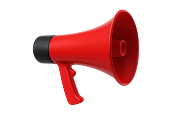 Red megaphone amplifying message, marketing communication, alert announcement, voice promotion, calling attention in 3d rendering