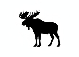 Obraz premium Majestic Silhouette: A powerful moose, its impressive antlers held high, stands in profile, embodying strength and grace, in a striking black and silhouette image.