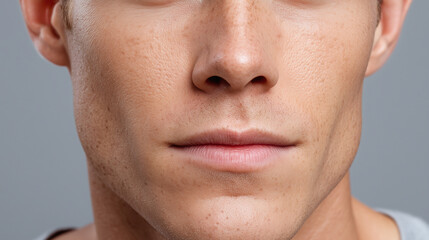 Obraz premium Close up male face with subtle tiny imperfections, smooth skin texture, natural freckles, light stubble, neutral expression, healthy complexion, and visible pores on bright grey background