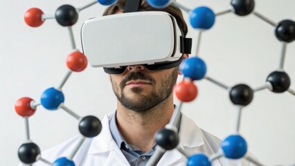 A man in a lab coat wears virtual reality goggles, interacting with a molecular structure, symbolizing the intersection of science and technology.