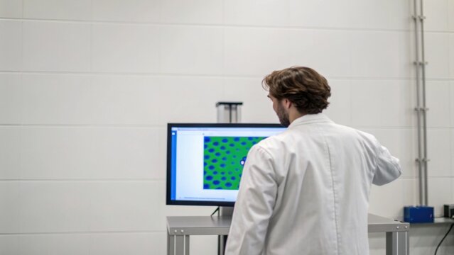 A lab technician analyzes data on a computer screen, wearing a lab coat in a clean, modern environment. - Powered by Adobe
