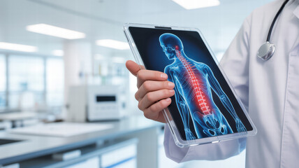 Medical professional holds tablet displaying detailed anatomical illustration of human spine, emphasizing vertebrae and spinal cord. background features modern healthcare environment