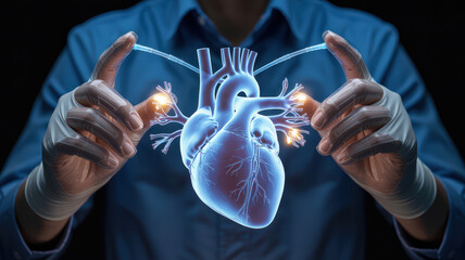 Person wearing gloves holds glowing, transparent model of human heart, showcasing its intricate structure and blood vessels. image conveys sense of scientific exploration and medical innovation
