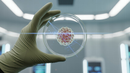Scientist holds petri dish containing cell culture, showcasing high tech laboratory environment. image conveys sense of innovation and research in biotechnology
