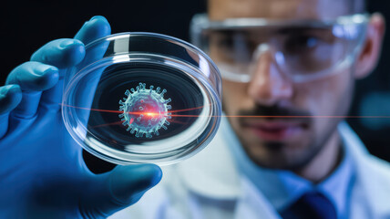 Researcher examines petri dish containing virus model, showcasing high level of detail and precision. scene conveys sense of scientific inquiry and innovation