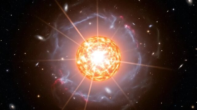 Vibrant orange star shining brightly in a dark space with celestial bodies and galaxies