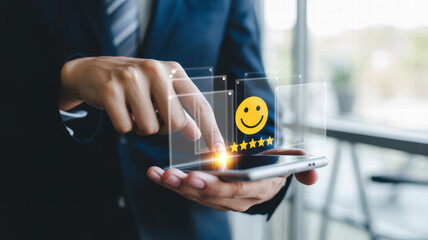 Person in business suit interacts with smartphone, displaying digital interface featuring smiley face and five stars, symbolizing customer satisfaction and feedback