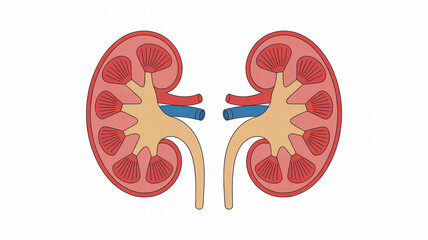 Anatomical illustration of human kidneys showcasing detailed structure, including renal arteries and veins, emphasizing organ function in filtering blood and regulating bodily fluids