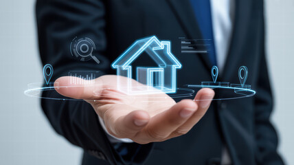 Business professional presenting digital house icon with various data points and graphs, symbolizing real estate technology and innovation. image conveys sense of modernity and advancement housing