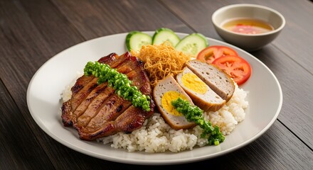 Authentic Vietnamese Cm Tm (Broken Rice) served with grilled pork chop, ch trng hp, and fresh vegetables.