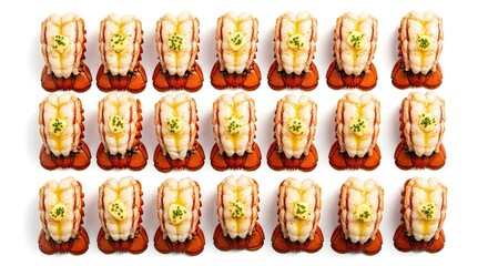 Delicious lobster tails with butter and herbs, arranged in a repetitive pattern against a crisp