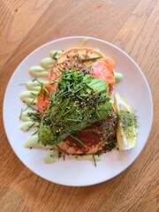 Pancakes Topped with Avocado and Salmon