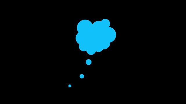 Blue thought bubble with descending dots on black background thinking idea