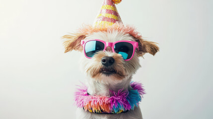 A funny dog wearing sunglasses and a party hat on a clean background, playful pet portrait, celebration concept, joyful mood, colorful accessories, humorous lifestyle imagery
