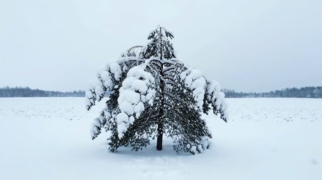 Heavy snow falling off lone pine tree branches in white winter field