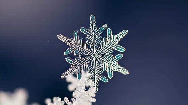 A delicate snowflake with intricate patterns on a dark blue background with white highlights