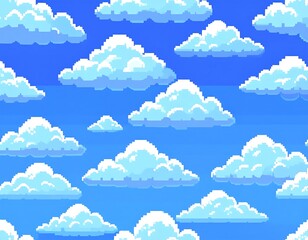 Pixelated sky with fluffy, white cumulus clouds against a vibrant, light-blue background. Artistic rendering with blocky details