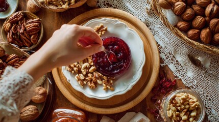 Close-up of a hand using a spoon to sample a small dish of red jam on a plate, surrounded by walnuts and pecans