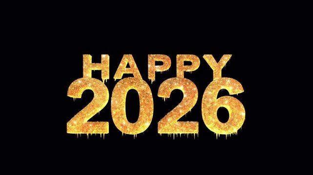 Happy 2026 golden glitter text animated video. Dripping gold effect typography for New Year's Eve celebration. Sparkly title element with transparent background, perfect for festive events.