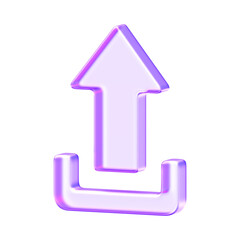 Translucent upload arrow icon rendered in glassmorphism style with soft purple gradient. Designed for cloud services, data transfer, and modern UI control systems