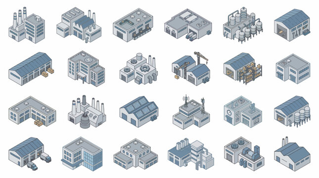 Vector Icons Set of Isometric Industrial Buildings Set Factories Plants and Warehouses for Manufacturing and Production. EPS Editable