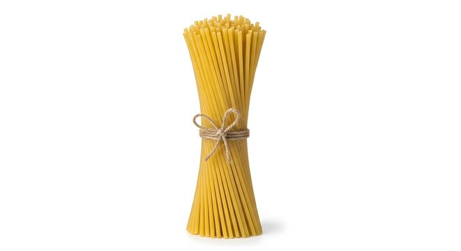 Bundle of raw bucatini or spaghetti pasta tied with natural rustic twine isolated on white background
