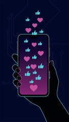 Vector illustration of a hand holding a smartphone with neon heart and like icons floating upward. Concept of social media engagement, viral marketing, and digital interaction