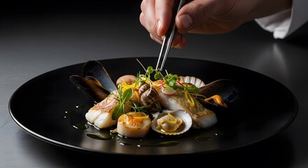 Chef plating gourmet Mediterranean seafood dish with scallops, mussels, and fish fillet on a black plate