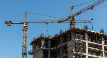 A vast, towering construction site featuring cranes, scaffolding, and steel beams against a clear blue sky, illustrating urban development, scaffolding, work, background