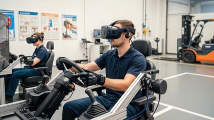 Industrial operators engage in VR industrial training for forklift training simulation, enhancing operator skill development and workplace safety. Ideal for immersive job training,