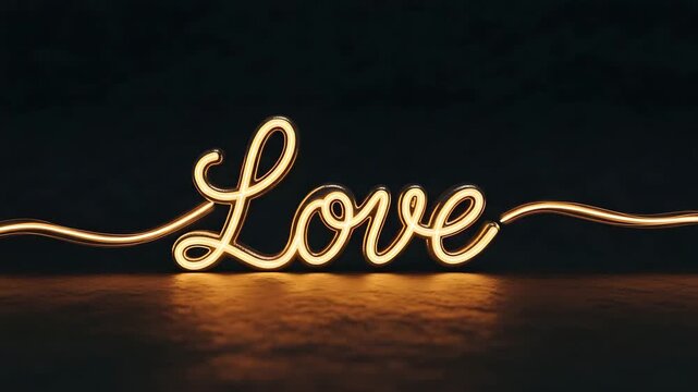 Glowing neon love sign in cursive script on dark background with warm lighting effects