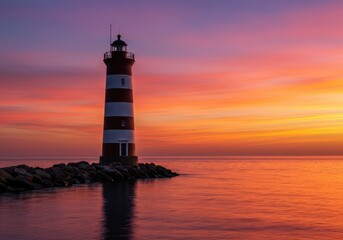 Iconic coastal lighthouse standing tall against a vibrant orange and pink sunset sky, reflecting light on the tranquil ocean surface ,safety, coastline, clouds
