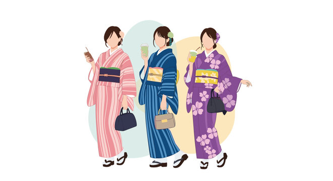 Three young Japanese women dressed in beautiful, colorful traditional kimonos or yukatas for a summer festival or celebration.