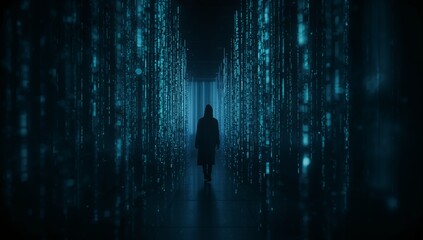Mysterious Silhouette Walking Through Digital Data Stream Environment