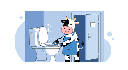 A humorous cartoon illustration of a cheerful cow in a blue apron, diligently cleaning a sparkling toilet with a small brush.