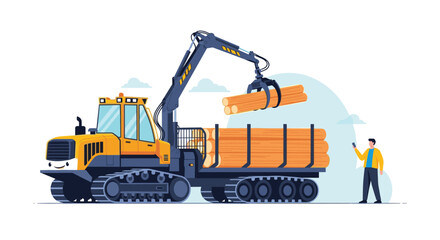 Obraz premium A cartoon forwarder, a type of logging vehicle, with a cute face loading timber while a man supervises using a smartphone.