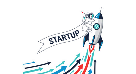An astronaut riding a launching rocket with a 'STARTUP' banner, flying over upward-pointing arrows to symbolize business growth.