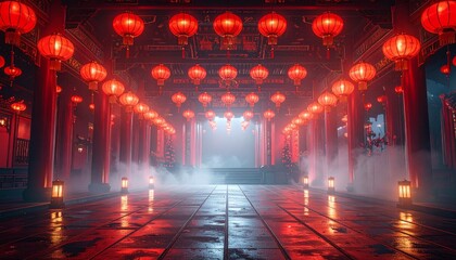 Red Lanterns in Asian Temple Hallway, Chinese Culture, Foggy Atmosphere