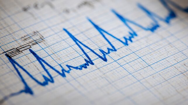Close-up of blue graph lines on graph paper, indicating fluctuating data. The focus is on the bold lines - Powered by Adobe
