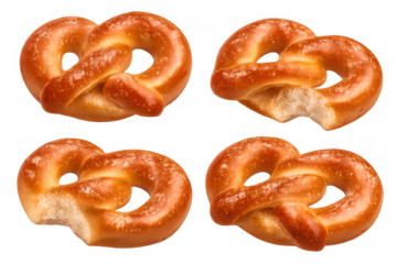 Baked soft pretzel snacks with salt, several traditional german pastries, some bitten, isolated on transparent background