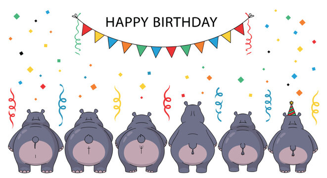 Humorous Happy Birthday greeting card featuring the backsides of six cartoon hippos under a colorful banner and falling confetti.
