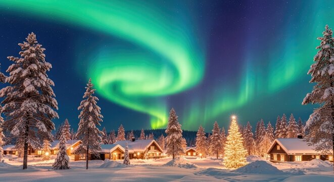 A serene winter landscape with snow-covered houses and a Christmas tree under a vibrant aurora borealis sky. - Powered by Adobe