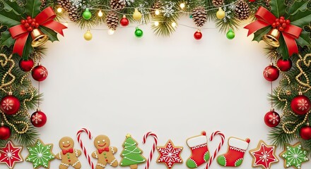 Christmas-themed decorations with gingerbread cookies, candy canes, and ornaments on a white background.