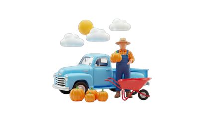Farmer with Pumpkins Loading Truck on a Sunny Day