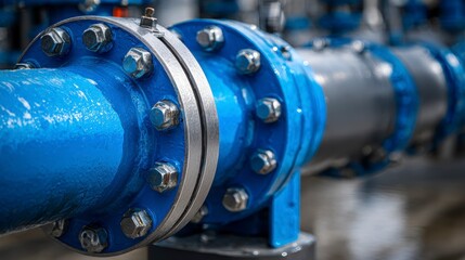 Close-up of industrial pipes with shiny bolts and flanges painted in blue and silver colors, showing connections
