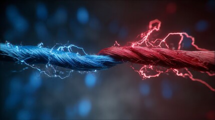 Close-up of intertwined blue and red cords, sparking with electrical energy, suggesting conflict, unity, or connection on a dark background