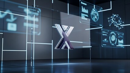 Futuristic Digital Interface with Glowing X Symbol and Data Visualizations.
